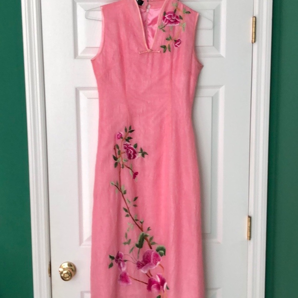 Pink floral embroidered fit & flare dress